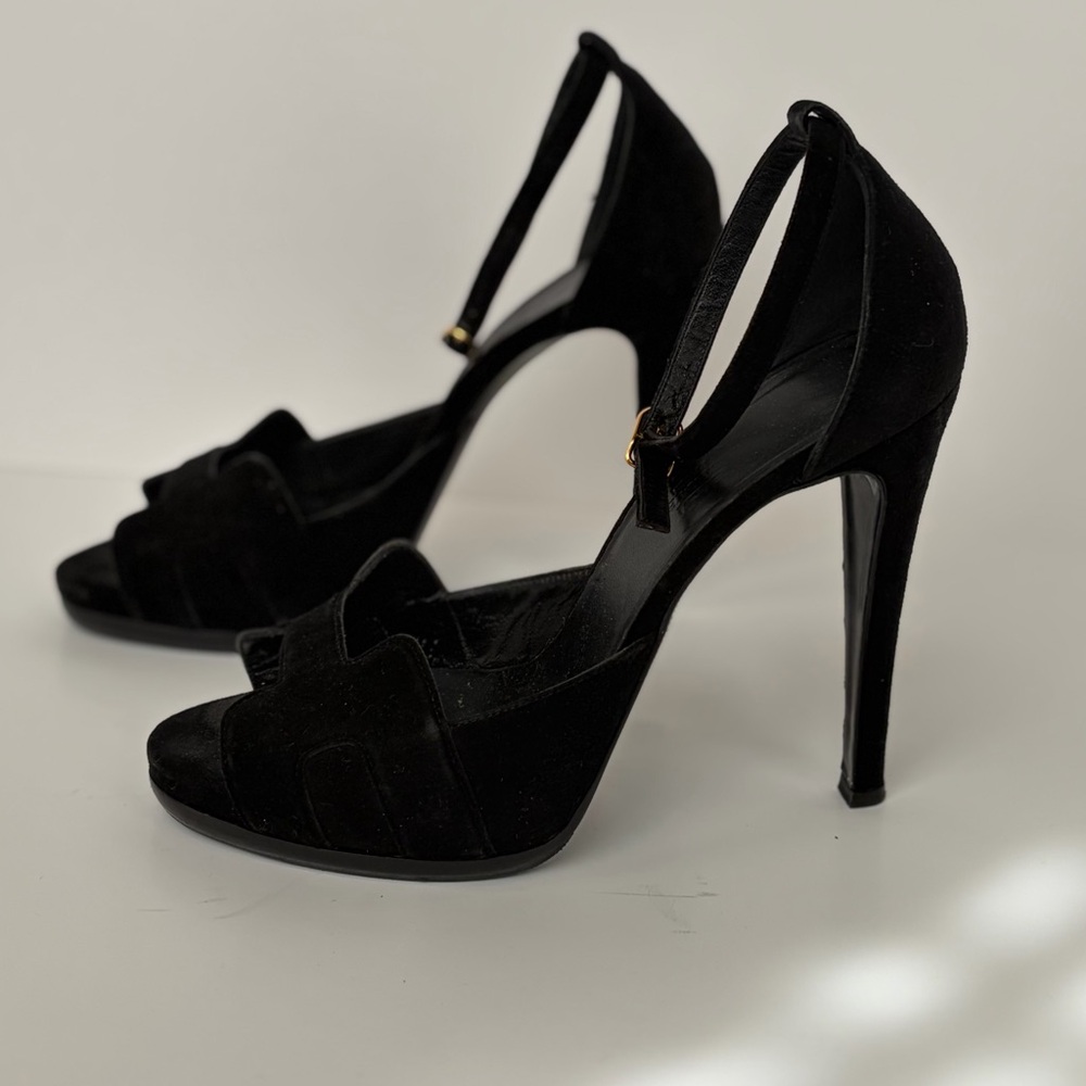 Hermes Black Suede Ankle Strap Heels